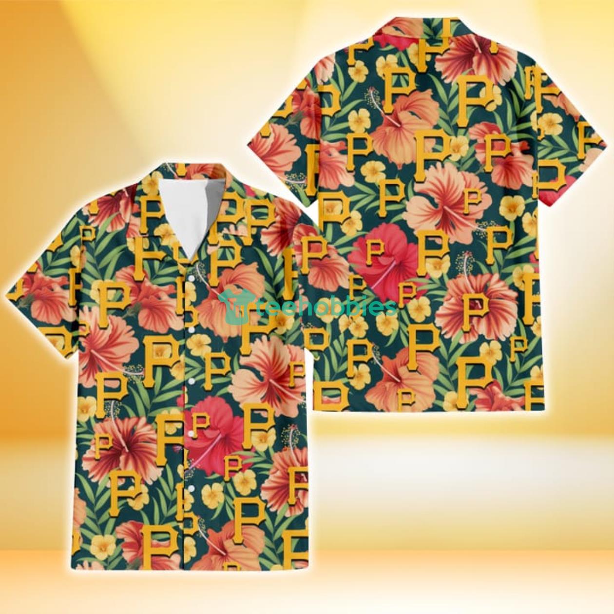 Pittsburgh Pirates Orange Red Hibiscus Green Leaf Dark Background 3D Hawaiian Shirt Gift For Fans Product Photo 1