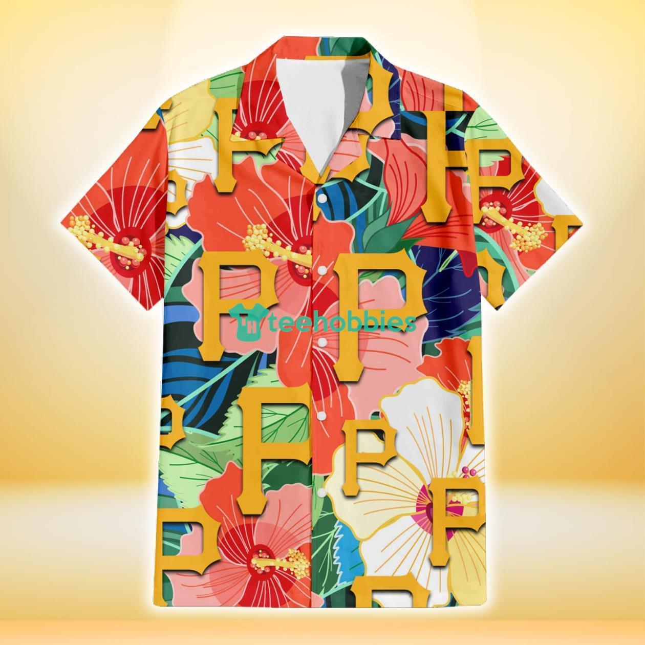 Pittsburgh Pirates Orange White Tropical Hibiscus Green Leaf 3D Hawaiian Shirt Gift For Fans Product Photo 2