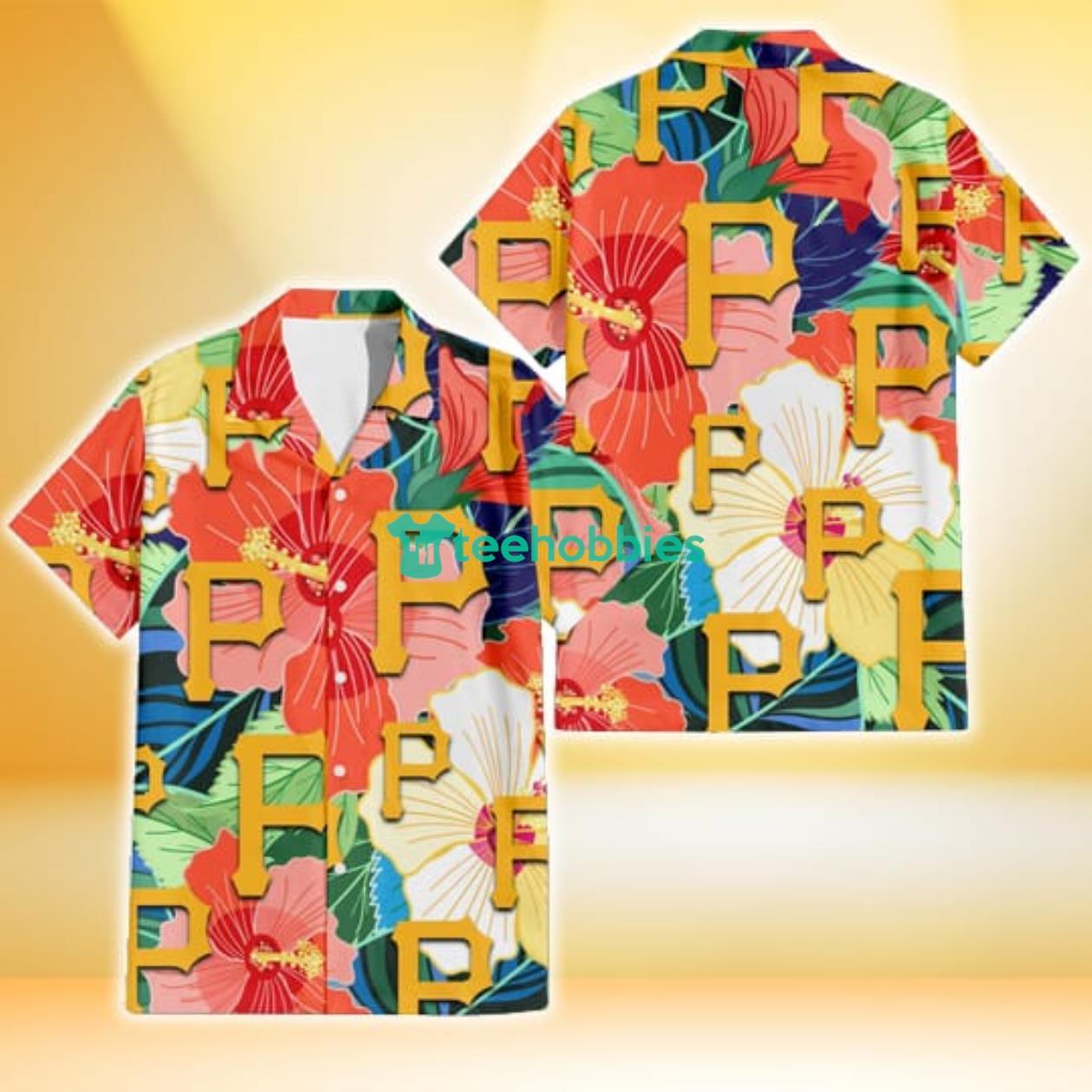 Pittsburgh Pirates Orange White Tropical Hibiscus Green Leaf 3D Hawaiian Shirt Gift For Fans Product Photo 1