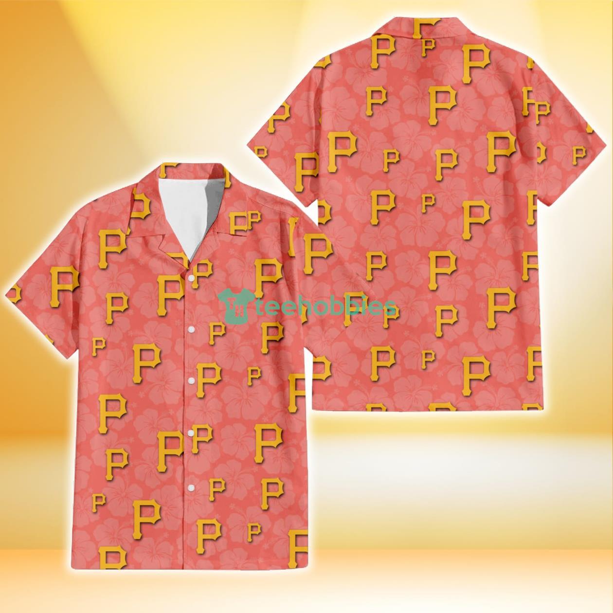 Pittsburgh Pirates Peach Puff Hibiscus Tomato Orange Background 3D Hawaiian Shirt Gift For Fans Product Photo 1