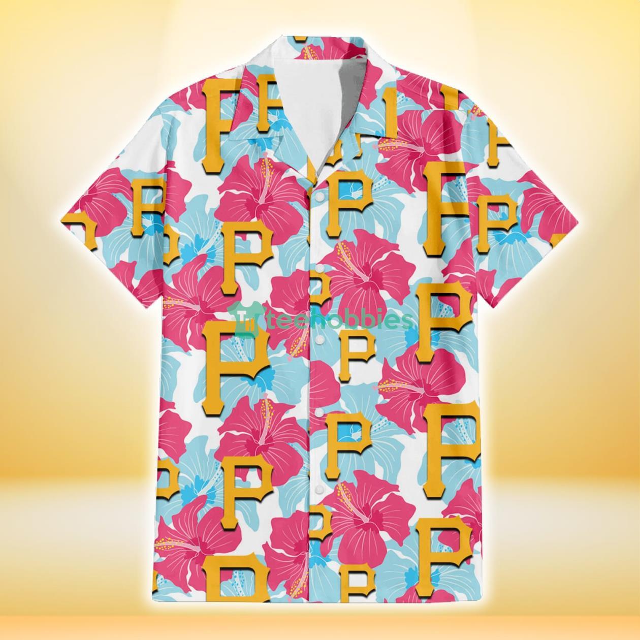 Pittsburgh Pirates Pink Blue Hibiscus White Background 3D Hawaiian Shirt Gift For Fans Product Photo 2