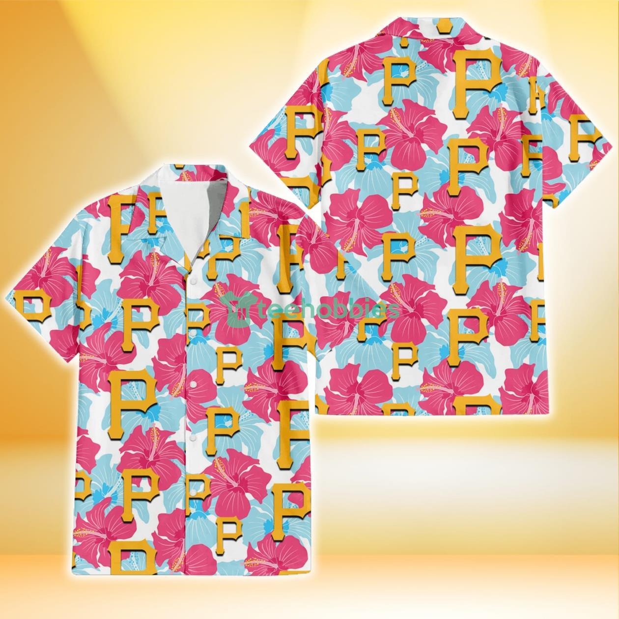 Pittsburgh Pirates Pink Blue Hibiscus White Background 3D Hawaiian Shirt Gift For Fans Product Photo 1
