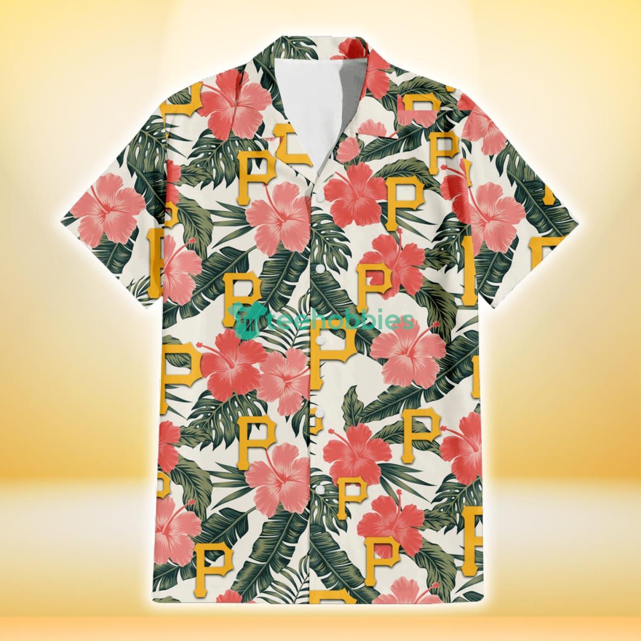 Pittsburgh Pirates Pink Coral Hibiscus Banana Leaf Beige Background 3D Hawaiian Shirt Gift For Fans Product Photo 2