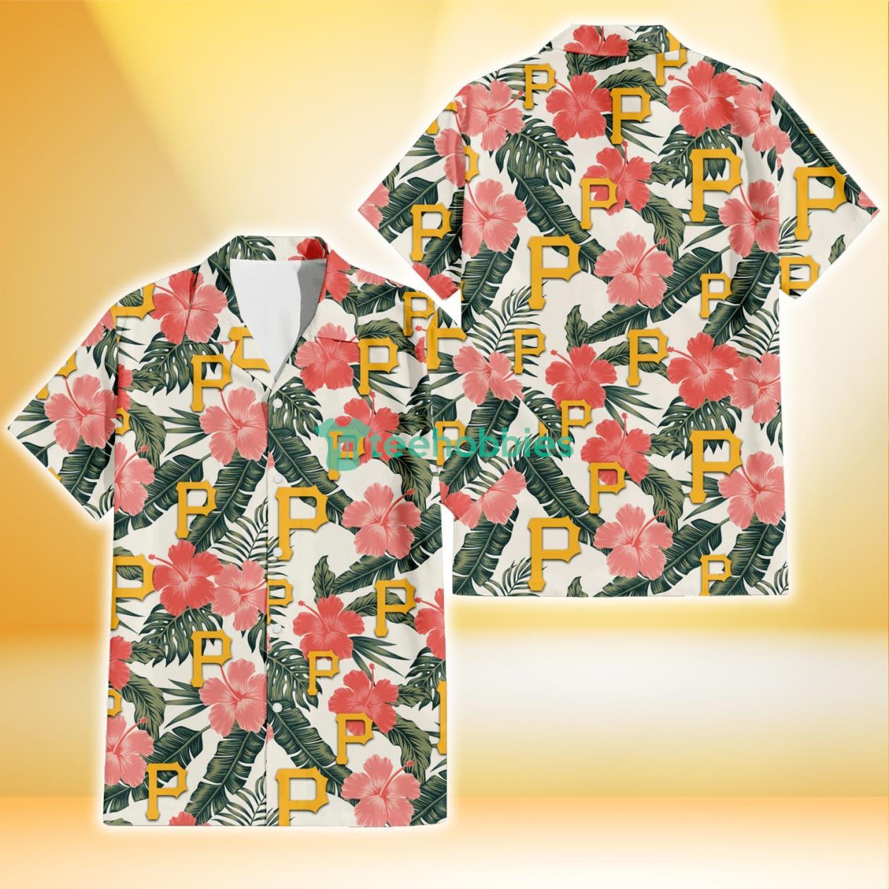 Pittsburgh Pirates Pink Coral Hibiscus Banana Leaf Beige Background 3D Hawaiian Shirt Gift For Fans Product Photo 1