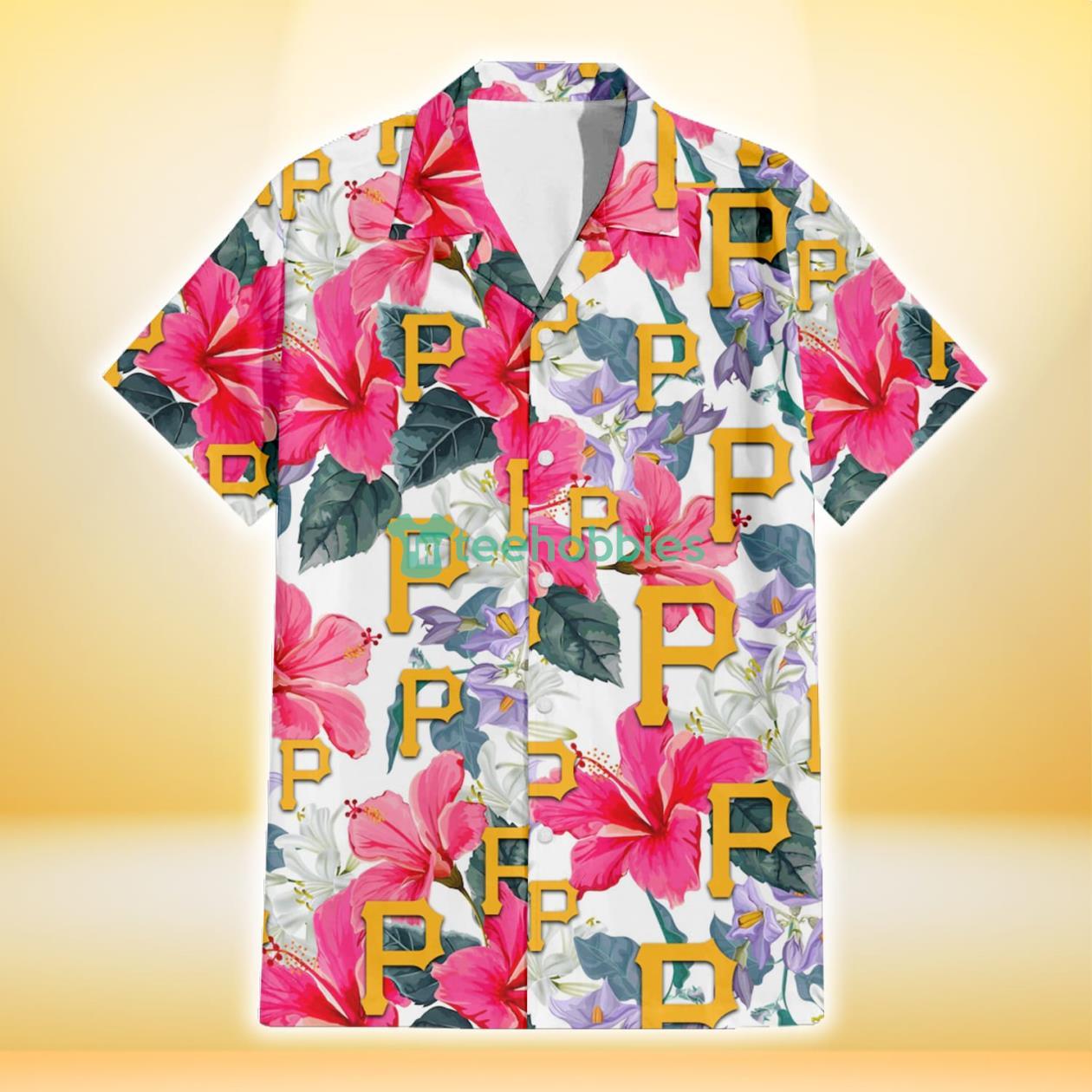Pittsburgh Pirates Pink Hibiscus White Orchid White Background 3D Hawaiian Shirt Gift For Fans Product Photo 2
