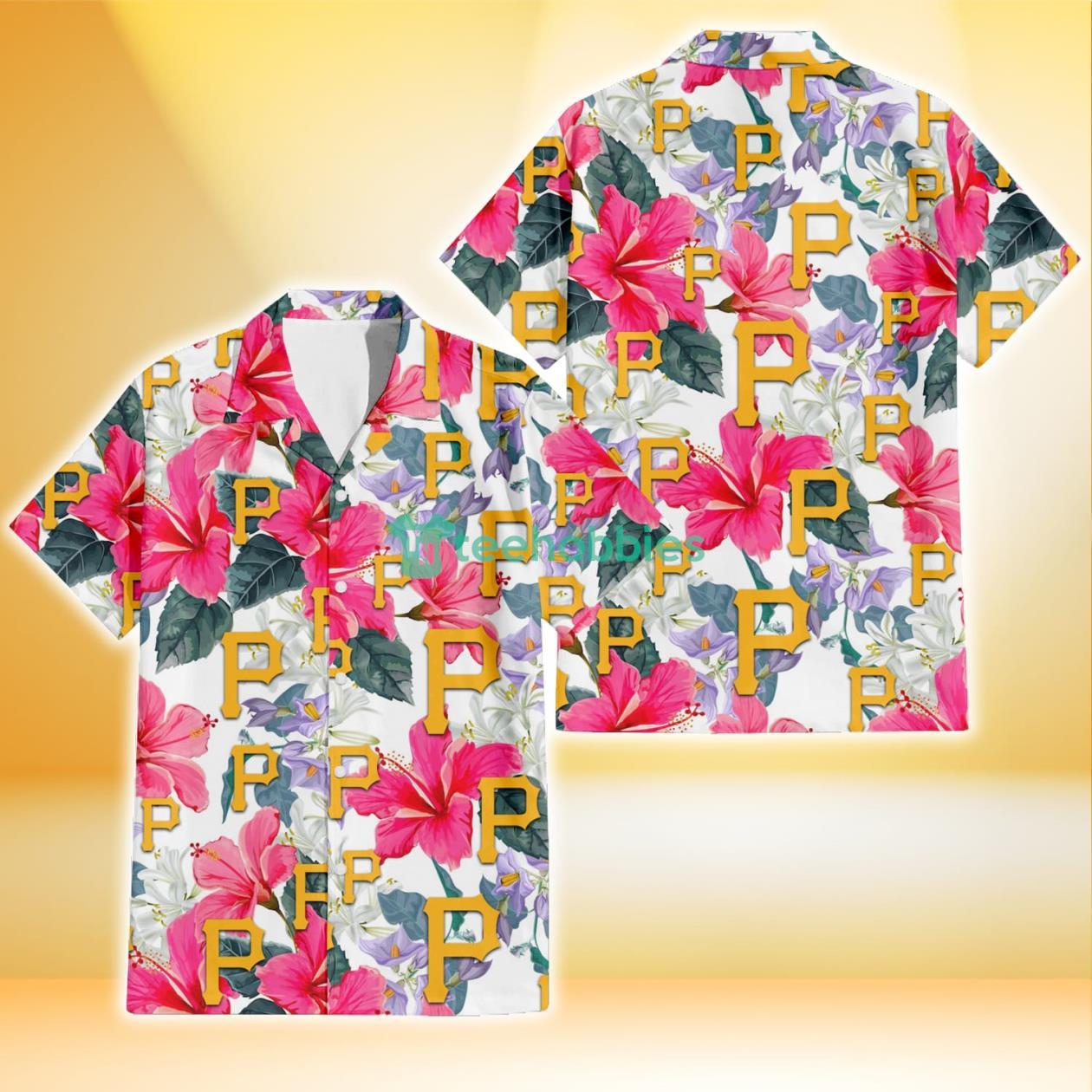 Pittsburgh Pirates Pink Hibiscus White Orchid White Background 3D Hawaiian Shirt Gift For Fans Product Photo 1