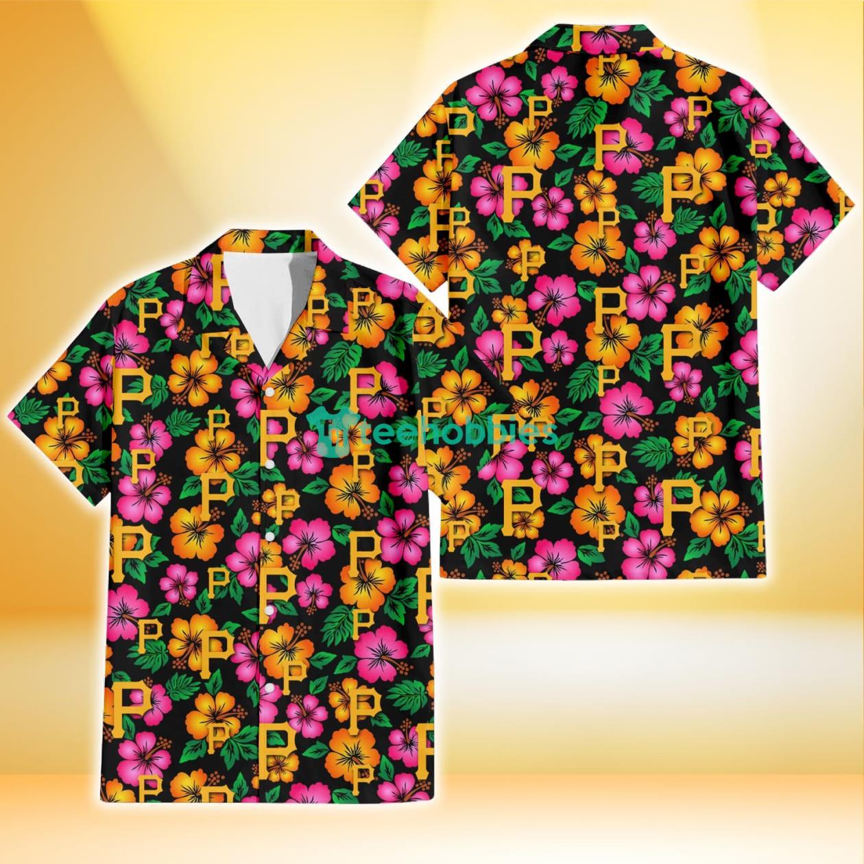 Pittsburgh Pirates Pink Orange Black Background 3D Hawaiian Shirt Gift For Fans Product Photo 1