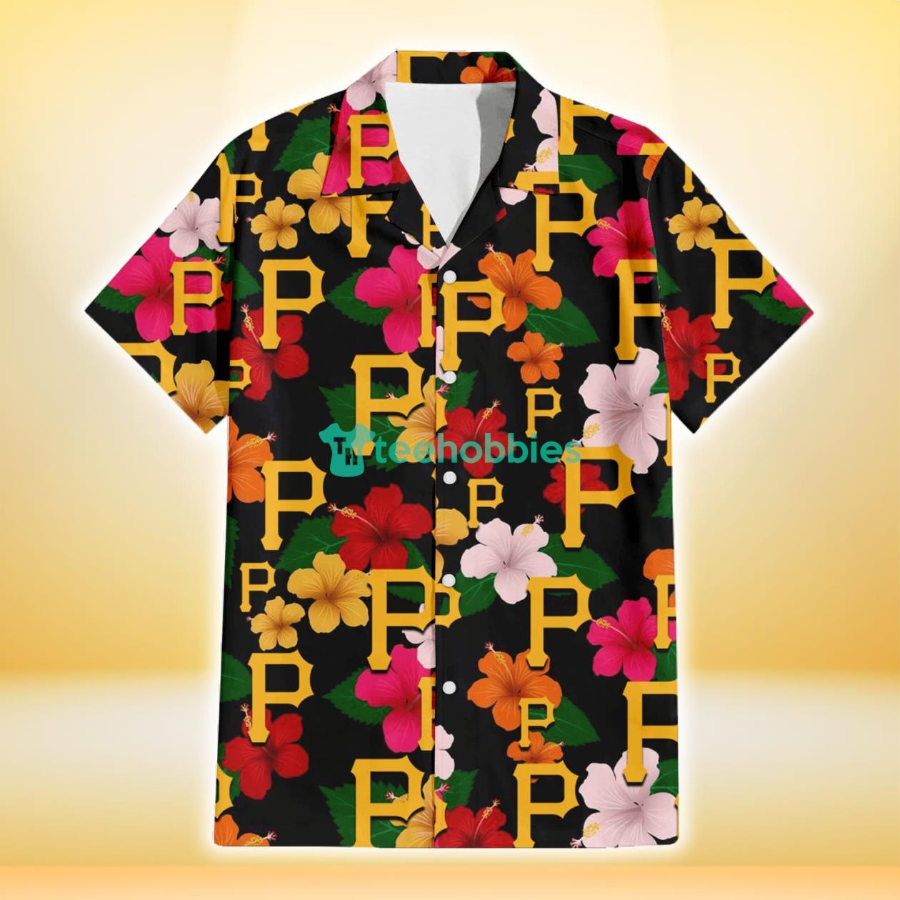 Pittsburgh Pirates Pink Orange Yellow White Hibiscus Black Background 3D Hawaiian Shirt Gift For Fans Product Photo 2