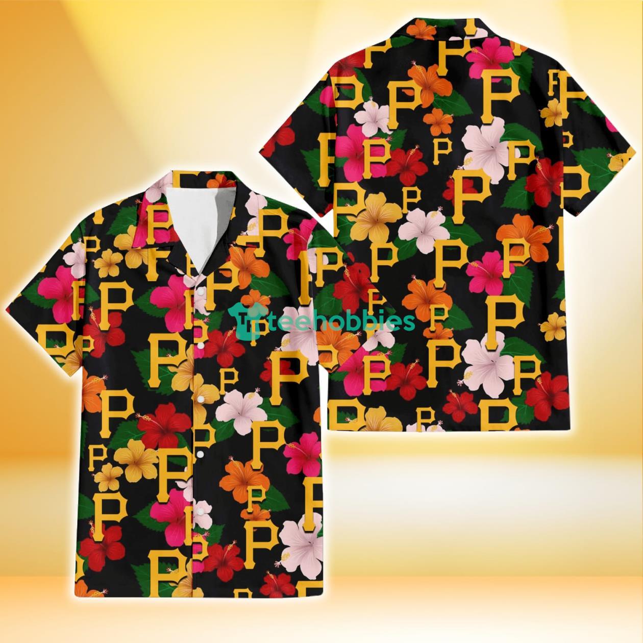 Pittsburgh Pirates Pink Orange Yellow White Hibiscus Black Background 3D Hawaiian Shirt Gift For Fans Product Photo 1