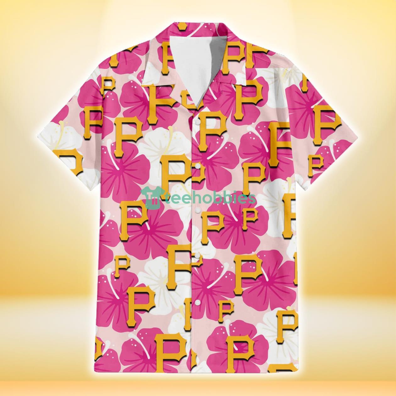 Pittsburgh Pirates Pink White Hibiscus Misty Rose Background 3D Hawaiian Shirt Gift For Fans Product Photo 2