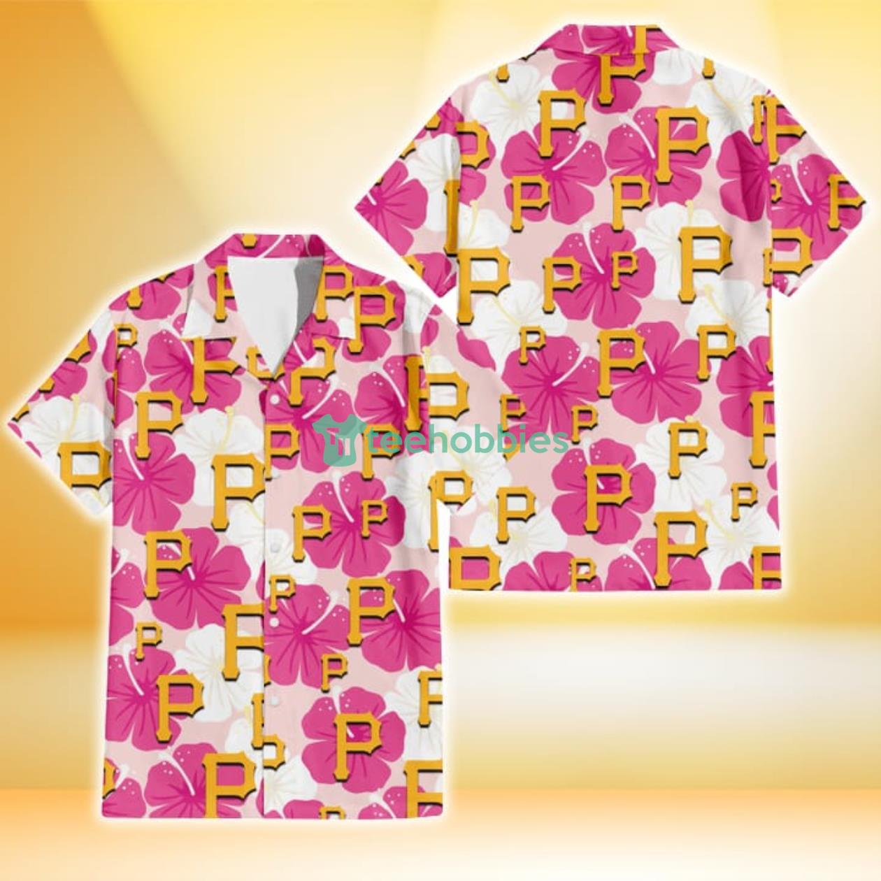 Pittsburgh Pirates Pink White Hibiscus Misty Rose Background 3D Hawaiian Shirt Gift For Fans Product Photo 1