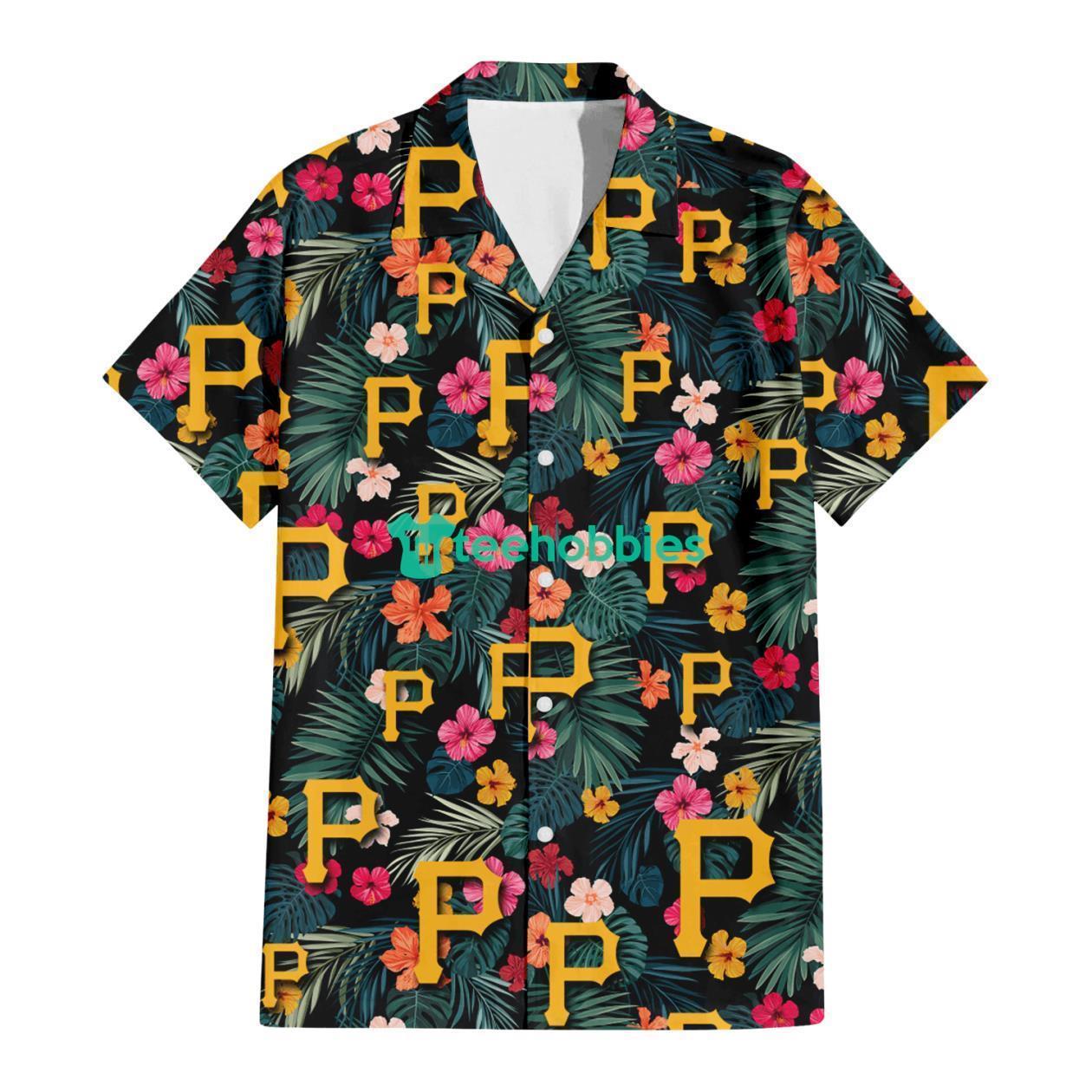 Pittsburgh Pirates Pink Yellow Orange Hibiscus Big Tropical Leaf Black Background 3D Hawaiian Shirt Gift For Fans Product Photo 2