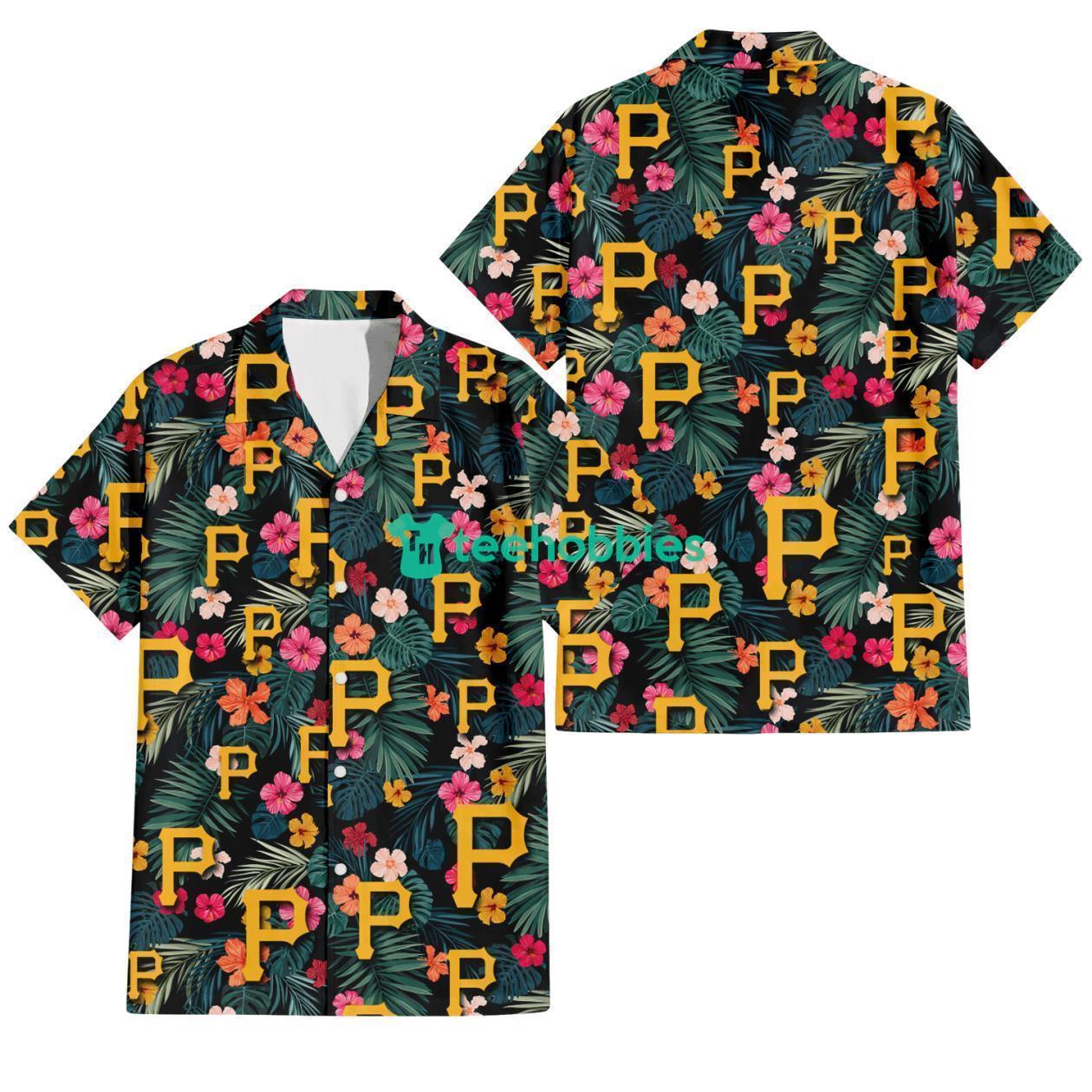 Pittsburgh Pirates Pink Yellow Orange Hibiscus Big Tropical Leaf Black Background 3D Hawaiian Shirt Gift For Fans Product Photo 1
