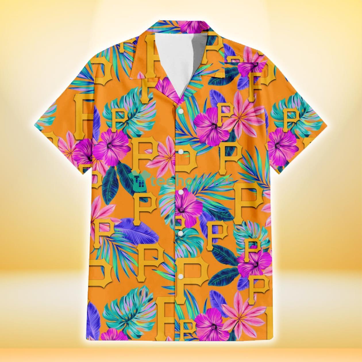 Pittsburgh Pirates Purple Hibiscus Neon Leaf Orange Background 3D Hawaiian Shirt Gift For Fans Product Photo 2