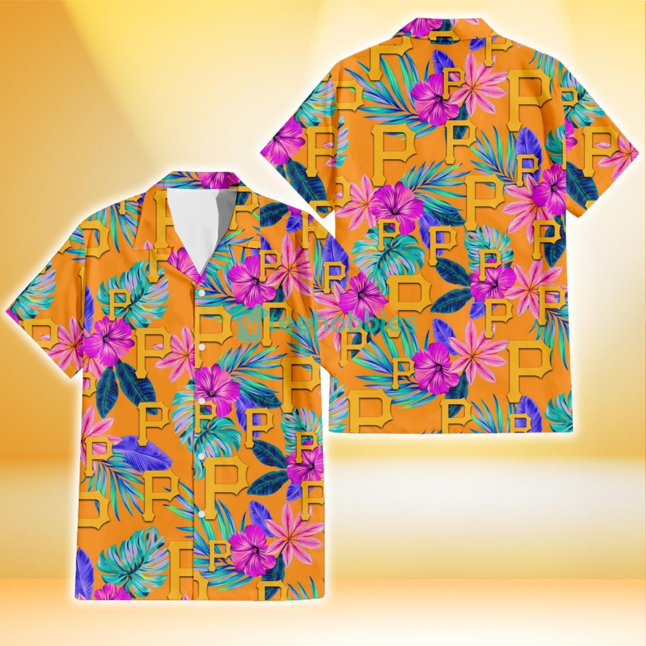 Pittsburgh Pirates Purple Hibiscus Neon Leaf Orange Background 3D Hawaiian Shirt Gift For Fans Product Photo 1