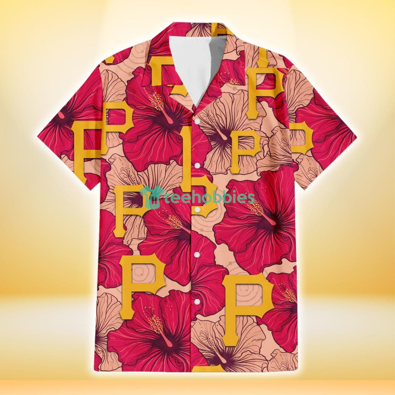 Pittsburgh Pirates Red Beige Hibiscus Beige Background 3D Hawaiian Shirt Gift For Fans Product Photo 2