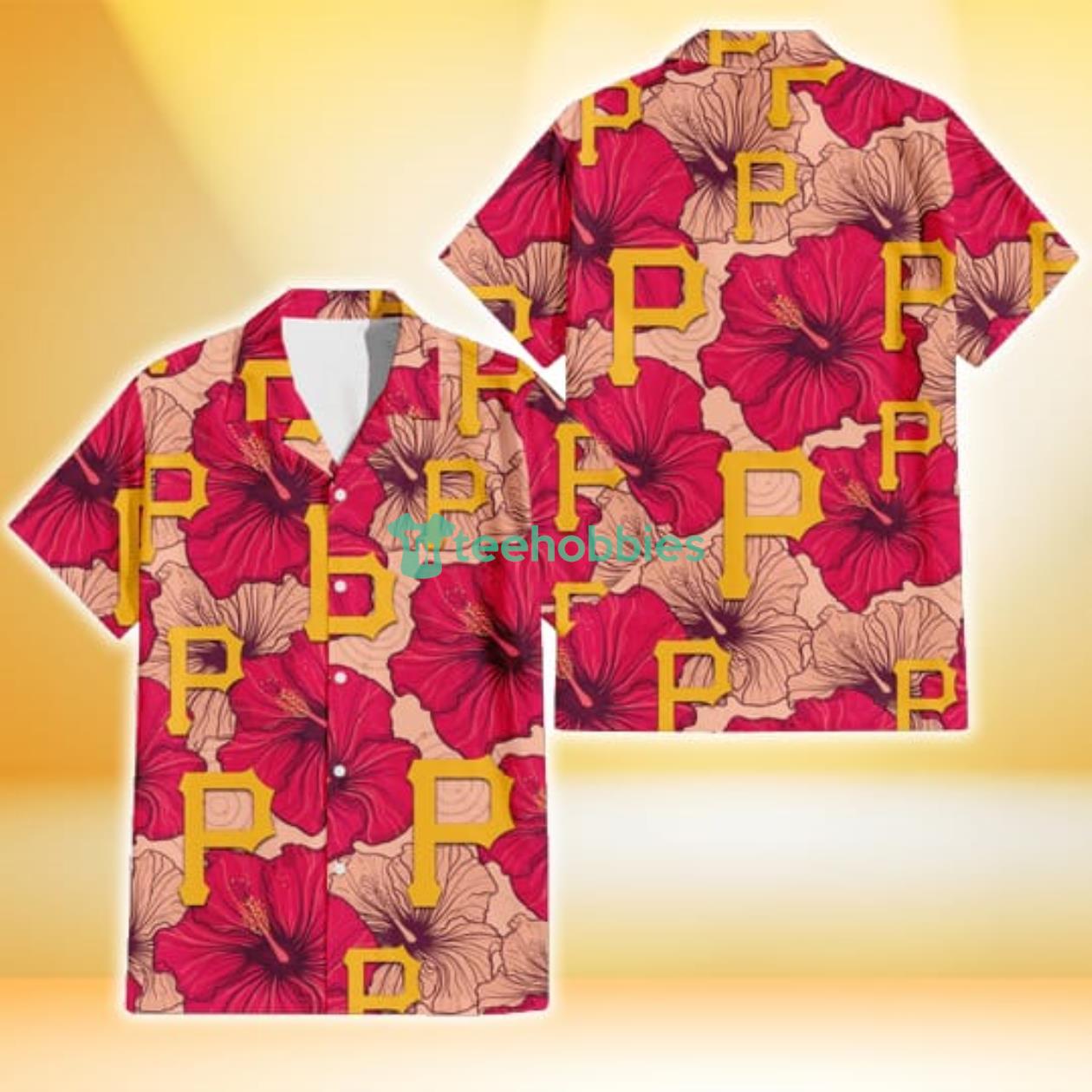 Pittsburgh Pirates Red Beige Hibiscus Beige Background 3D Hawaiian Shirt Gift For Fans Product Photo 1