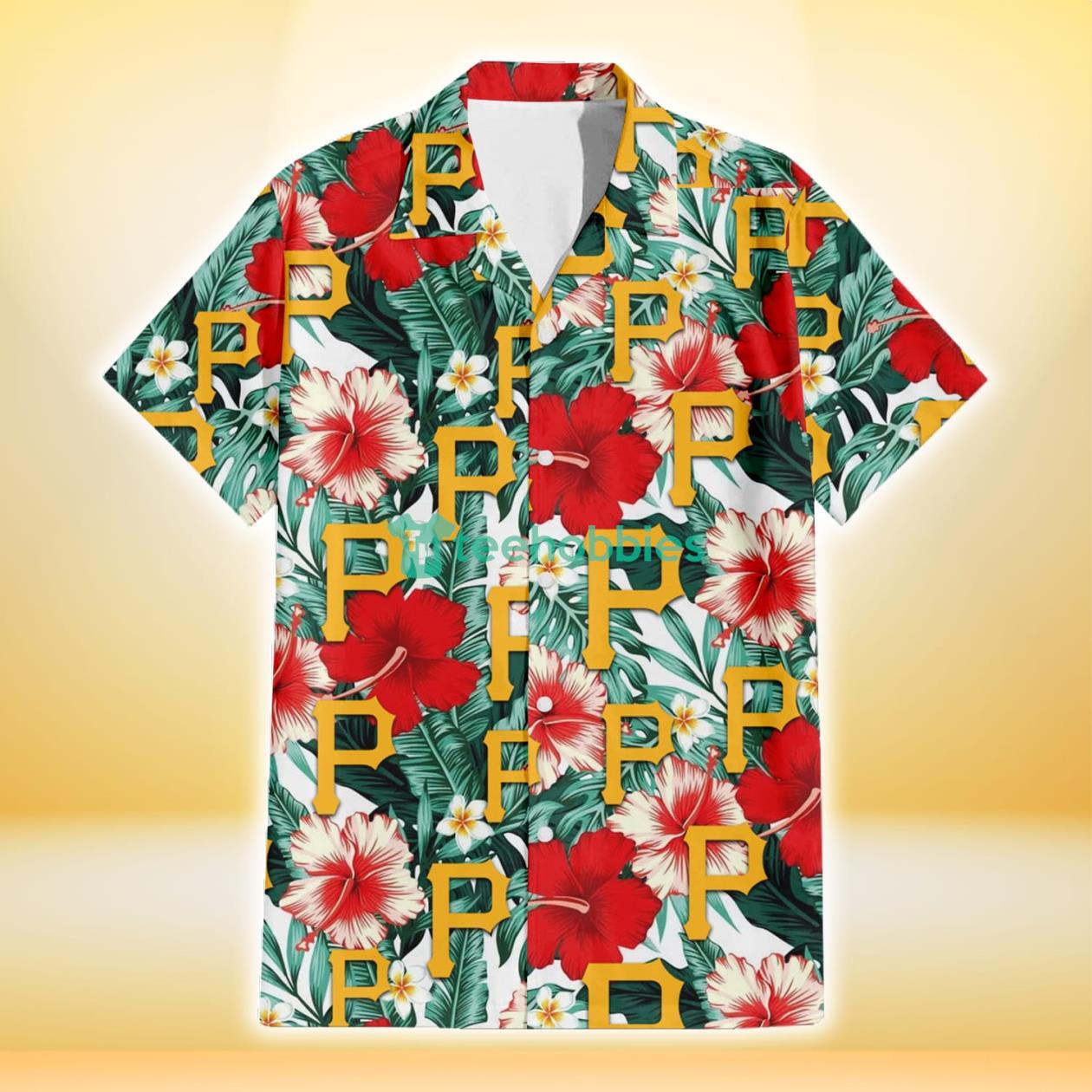 Pittsburgh Pirates Red Coral Hibiscus White Porcelain Flower Banana Leaf 3D Hawaiian Shirt Gift For Fans Product Photo 2