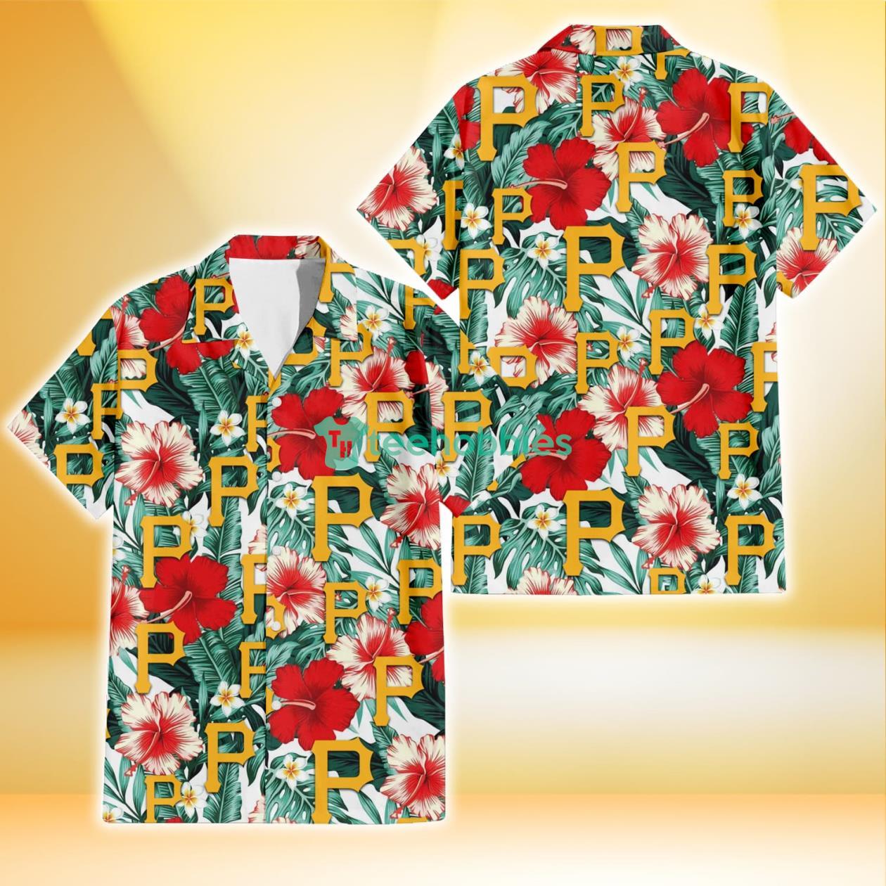 Pittsburgh Pirates Red Coral Hibiscus White Porcelain Flower Banana Leaf 3D Hawaiian Shirt Gift For Fans Product Photo 1
