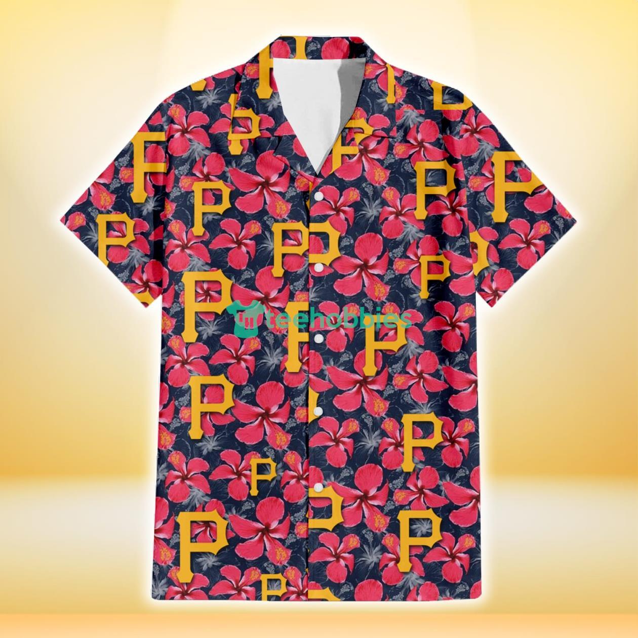 Pittsburgh Pirates Red Hibiscus Dark Gray Background 3D Hawaiian Shirt Gift For Fans Product Photo 2