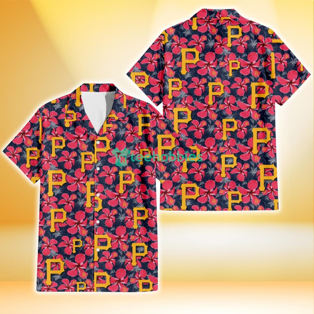 Pittsburgh Pirates Red Hibiscus Dark Gray Background 3D Hawaiian Shirt Gift For Fans Product Photo 1