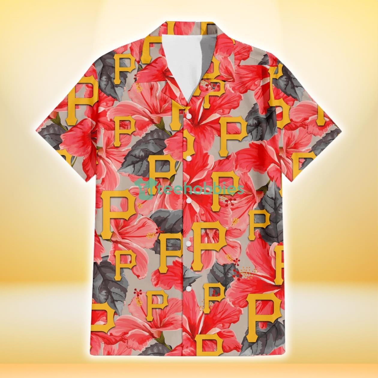 Pittsburgh Pirates Red Hibiscus Gray Leaf Beige Background 3D Hawaiian Shirt Gift For Fans Product Photo 2