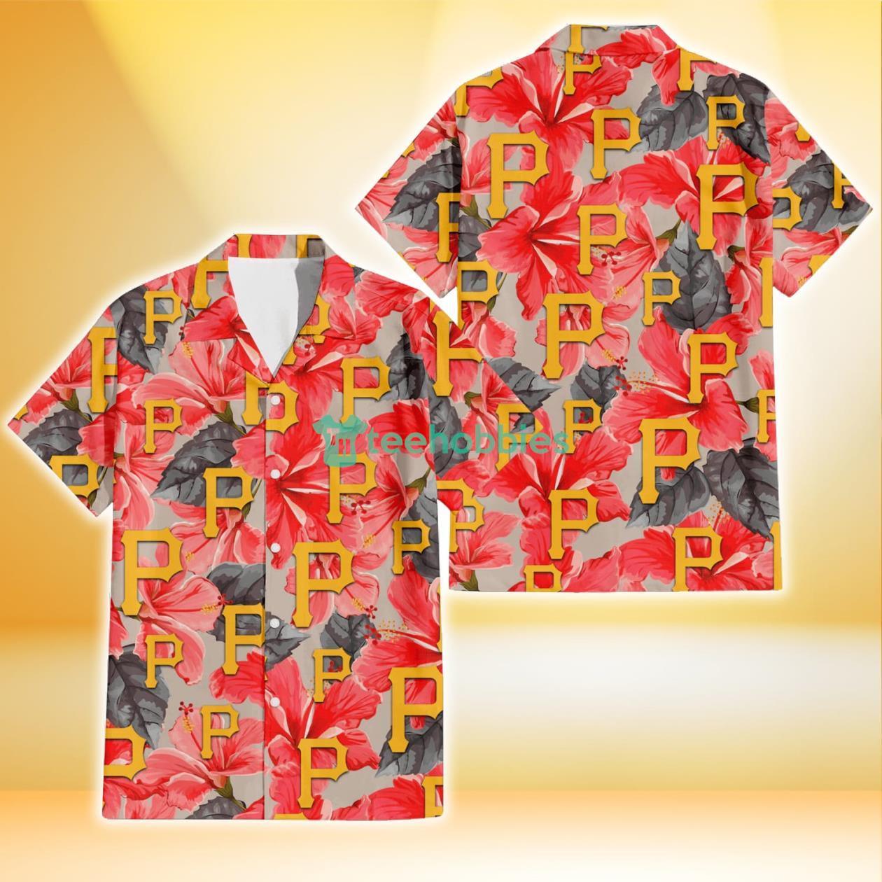 Pittsburgh Pirates Red Hibiscus Gray Leaf Beige Background 3D Hawaiian Shirt Gift For Fans Product Photo 1