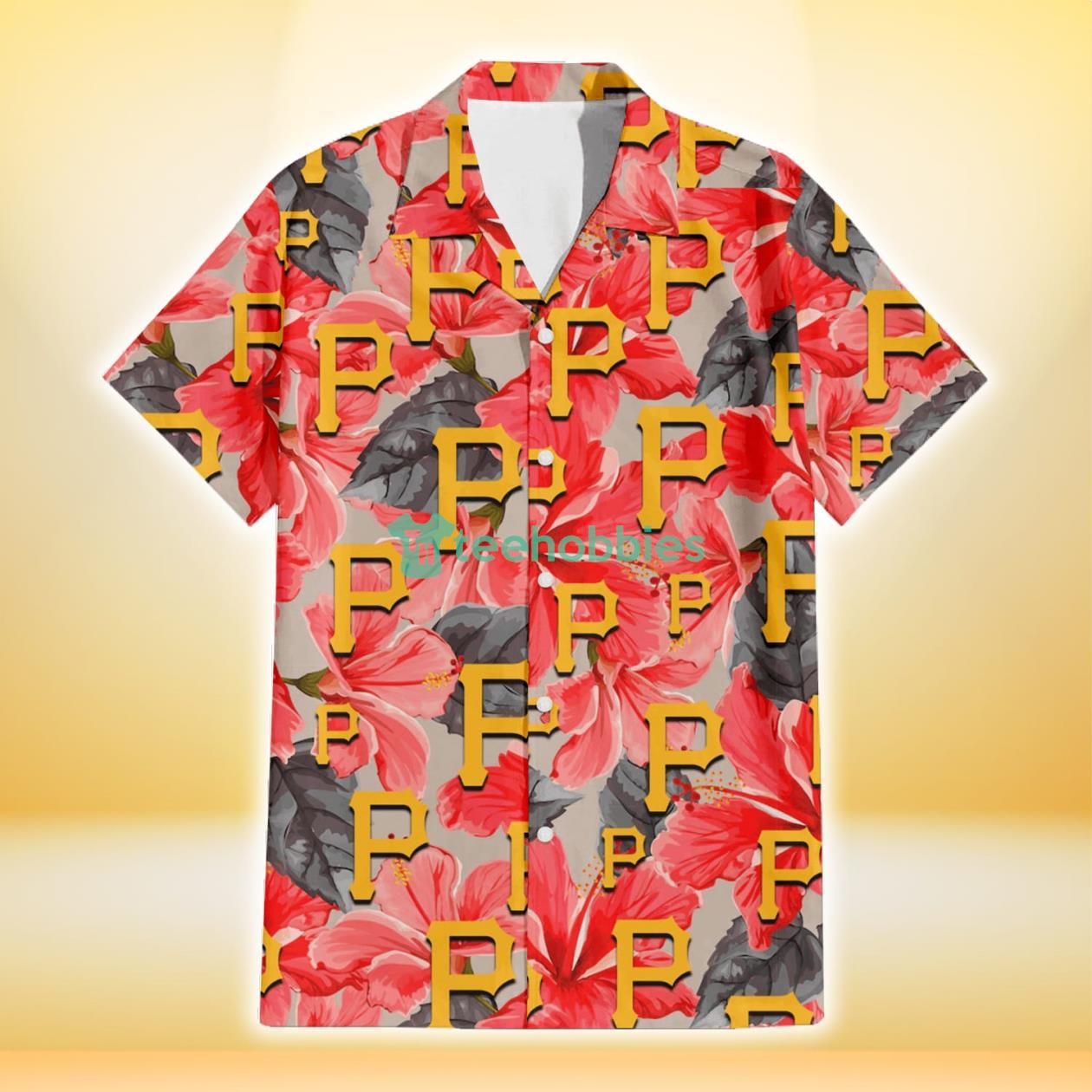 Pittsburgh Pirates Red Hibiscus Gray Leaf Gainsboro Background 3D Hawaiian Shirt Gift For Fans Product Photo 2