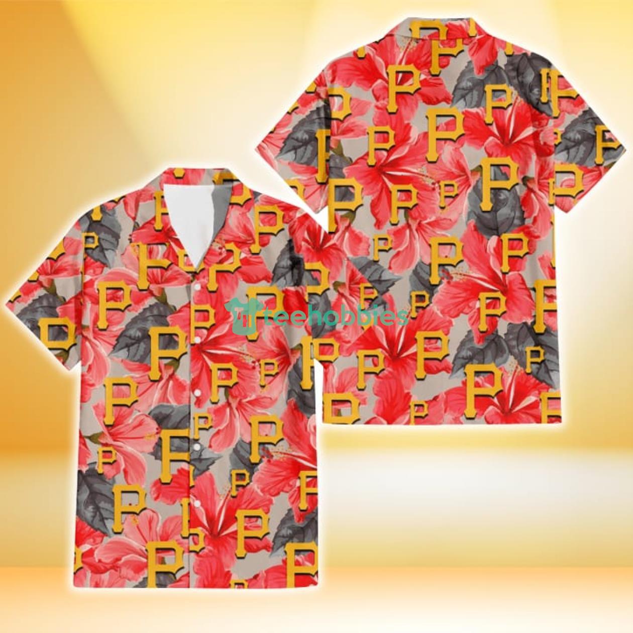 Pittsburgh Pirates Red Hibiscus Gray Leaf Gainsboro Background 3D Hawaiian Shirt Gift For Fans Product Photo 1