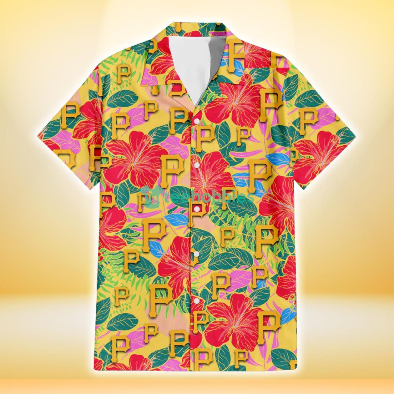 Pittsburgh Pirates Red Hibiscus Green Blue Leaf Yellow Background 3D Hawaiian Shirt Gift For Fans Product Photo 2