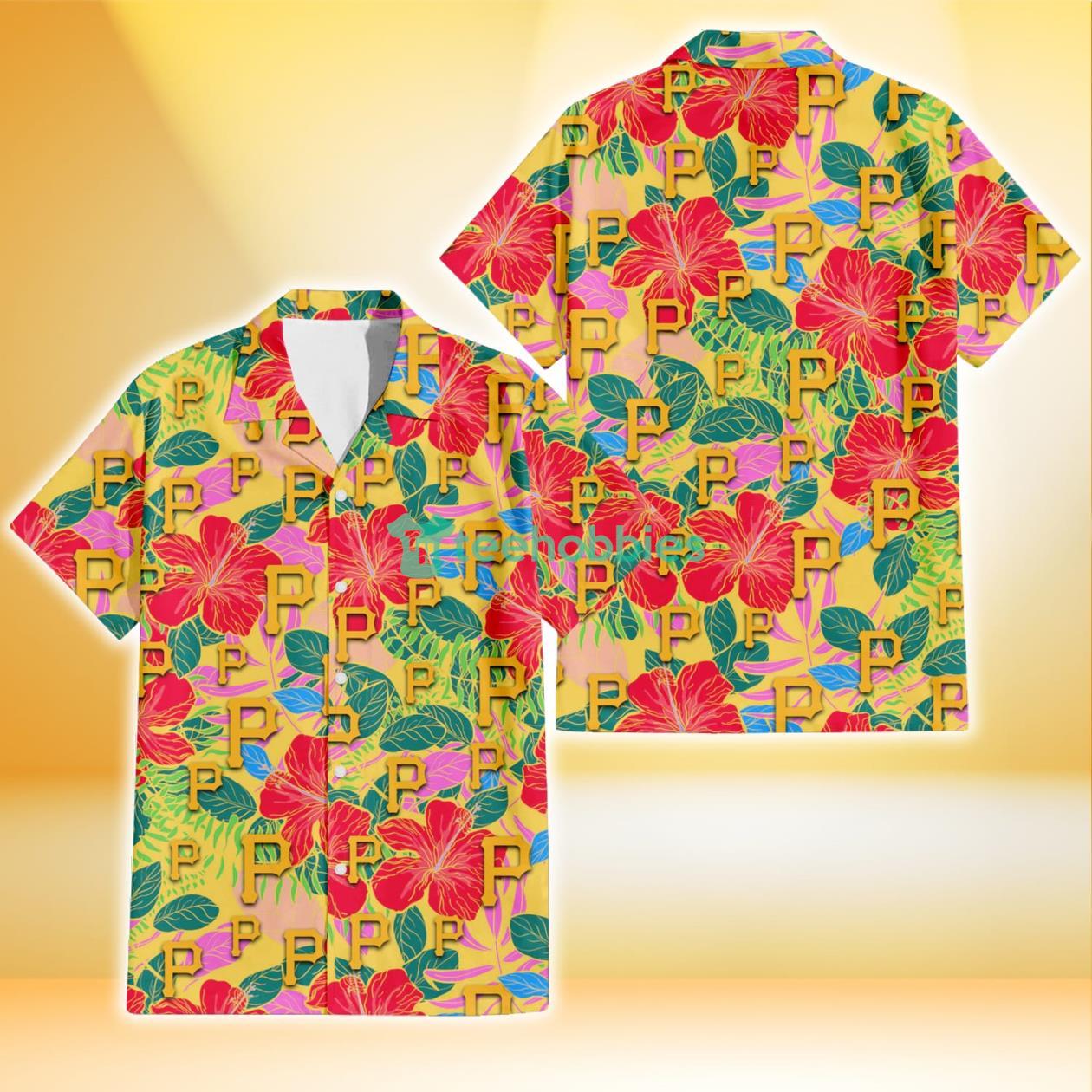 Pittsburgh Pirates Red Hibiscus Green Blue Leaf Yellow Background 3D Hawaiian Shirt Gift For Fans Product Photo 1
