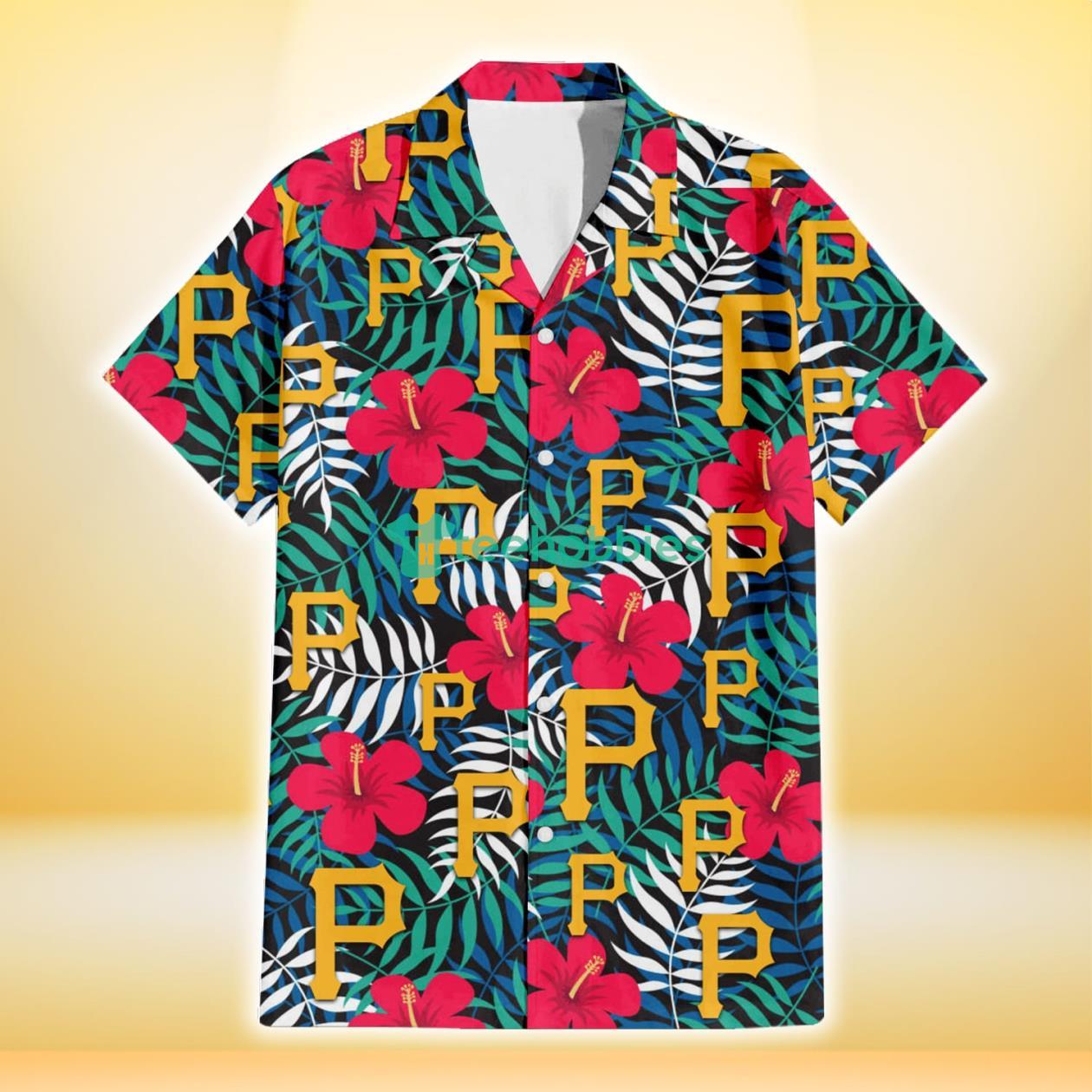Pittsburgh Pirates Red Hibiscus Green Blue White Leaf Black Background 3D Hawaiian Shirt Gift For Fans Product Photo 2