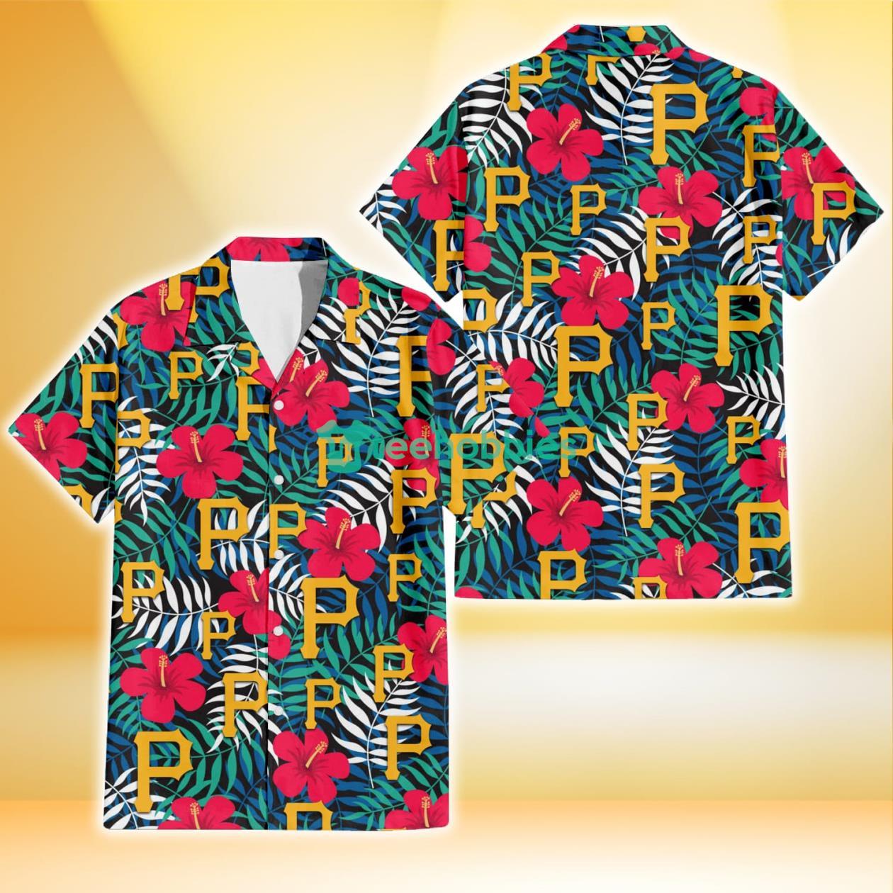Pittsburgh Pirates Red Hibiscus Green Blue White Leaf Black Background 3D Hawaiian Shirt Gift For Fans Product Photo 1