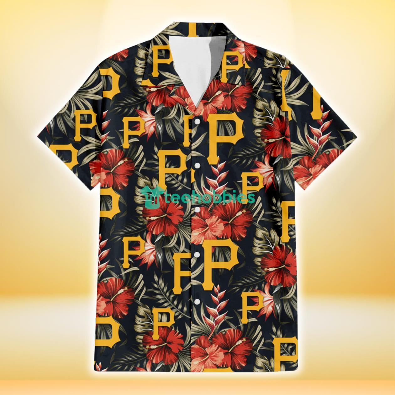 Pittsburgh Pirates Red Hibiscus Green Leaf Dark Background 3D Hawaiian Shirt Gift For Fans Product Photo 2