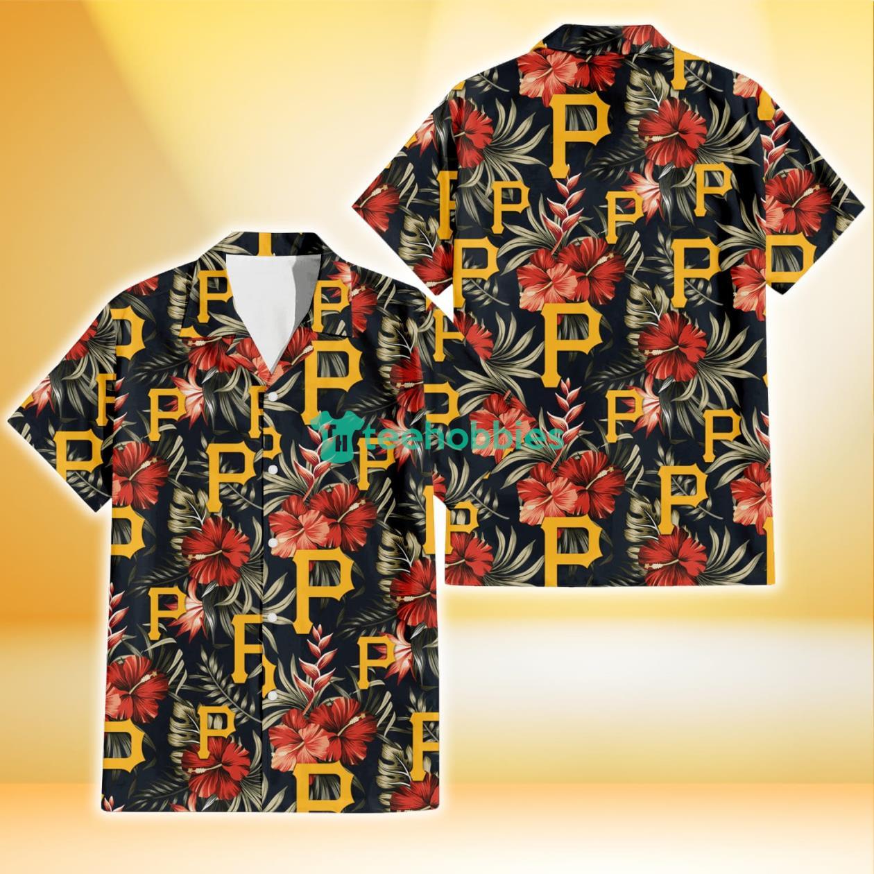 Pittsburgh Pirates Red Hibiscus Green Leaf Dark Background 3D Hawaiian Shirt Gift For Fans Product Photo 1