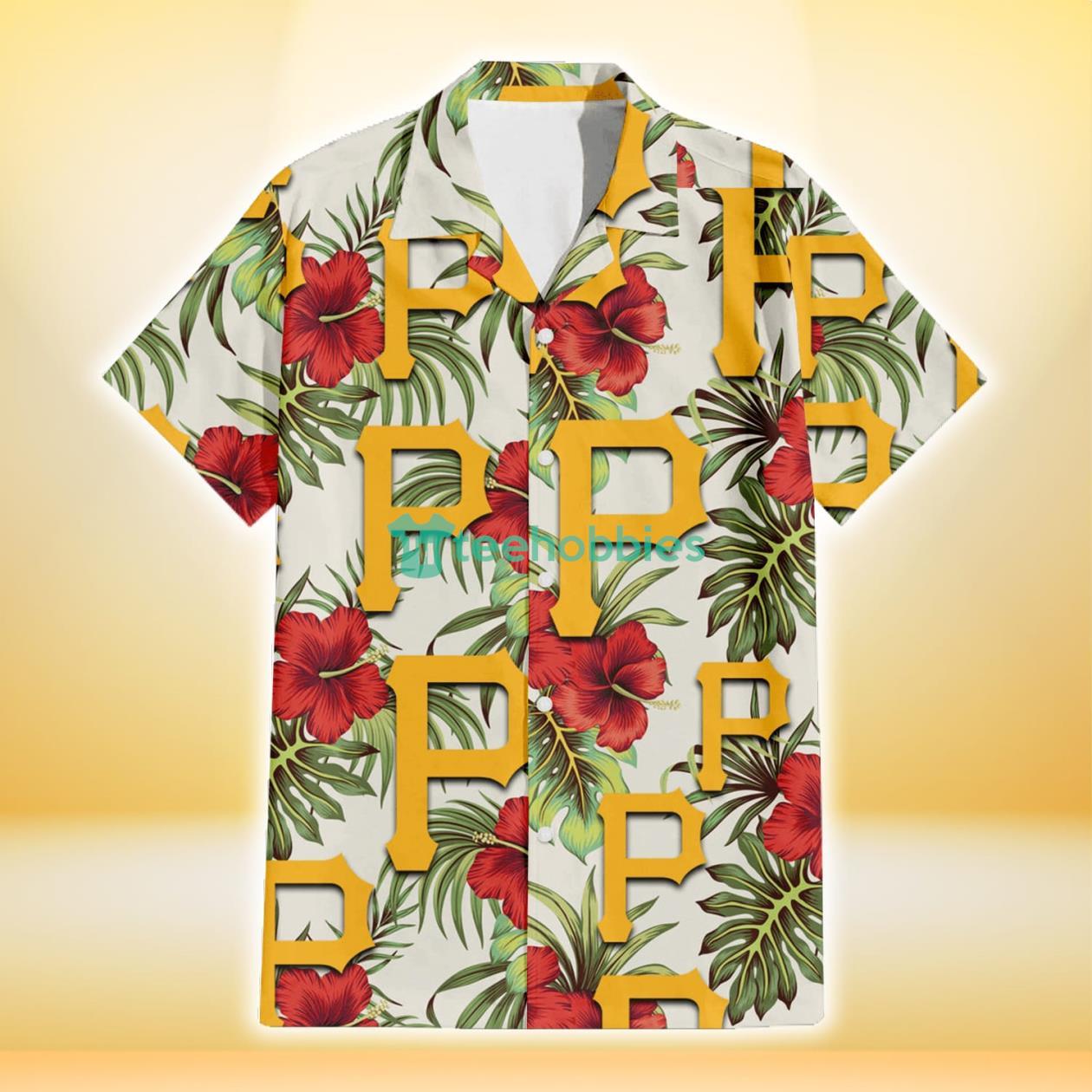 Pittsburgh Pirates Red Hibiscus Green Tropical Leaf Cream Background 3D Hawaiian Shirt Gift For Fans Product Photo 2
