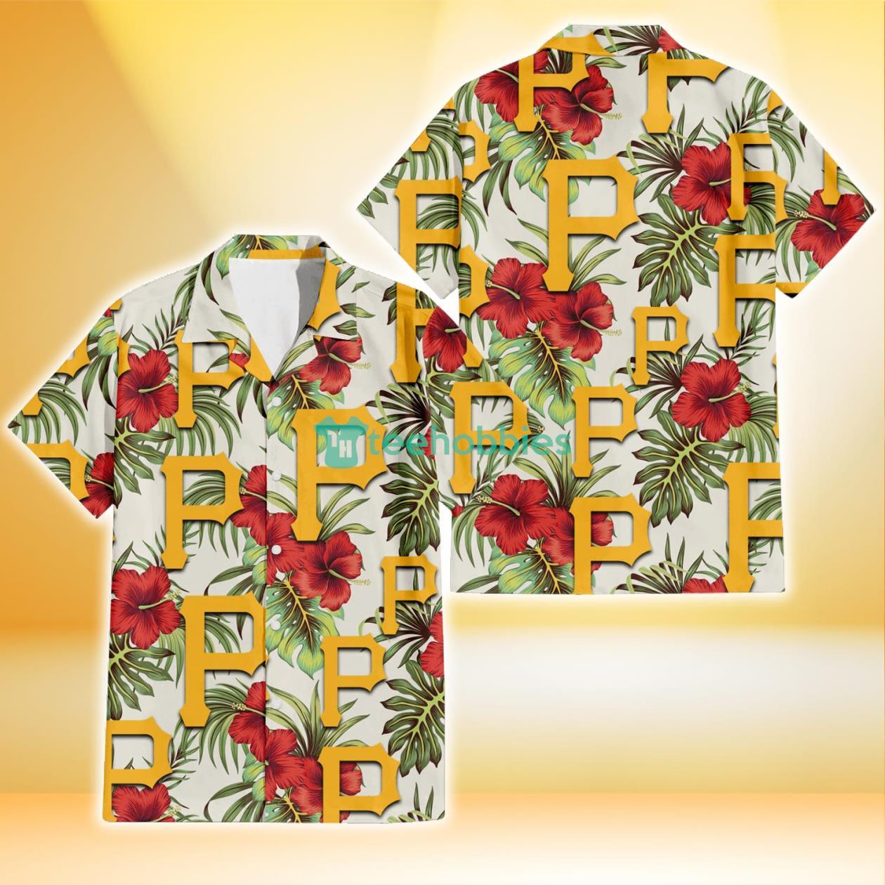 Pittsburgh Pirates Red Hibiscus Green Tropical Leaf Cream Background 3D Hawaiian Shirt Gift For Fans Product Photo 1