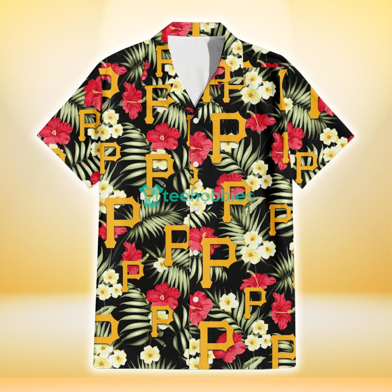 Pittsburgh Pirates Red Hibiscus Yellow Porcelain Flower Black Background 3D Hawaiian Shirt Gift For Fans Product Photo 2