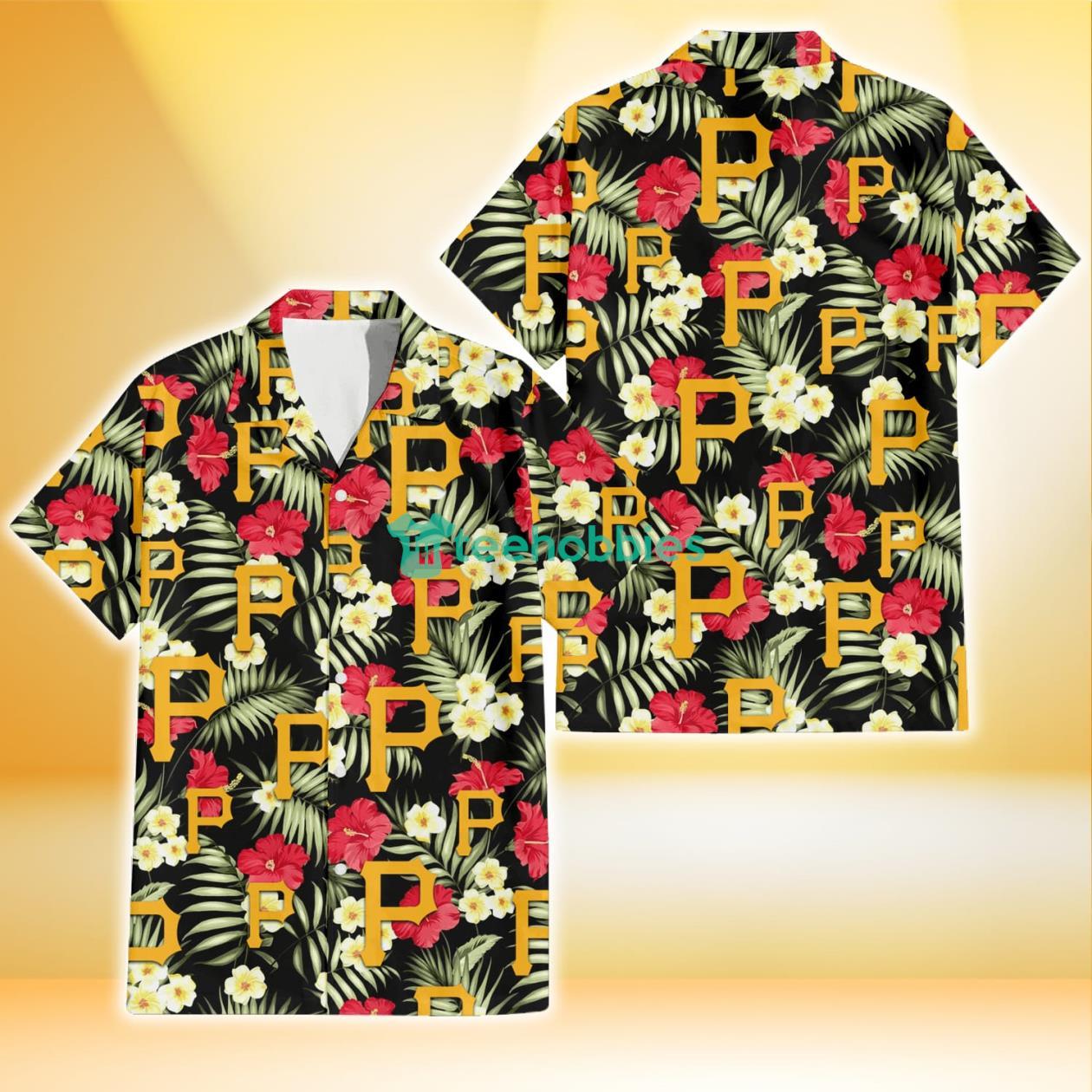 Pittsburgh Pirates Red Hibiscus Yellow Porcelain Flower Black Background 3D Hawaiian Shirt Gift For Fans Product Photo 1