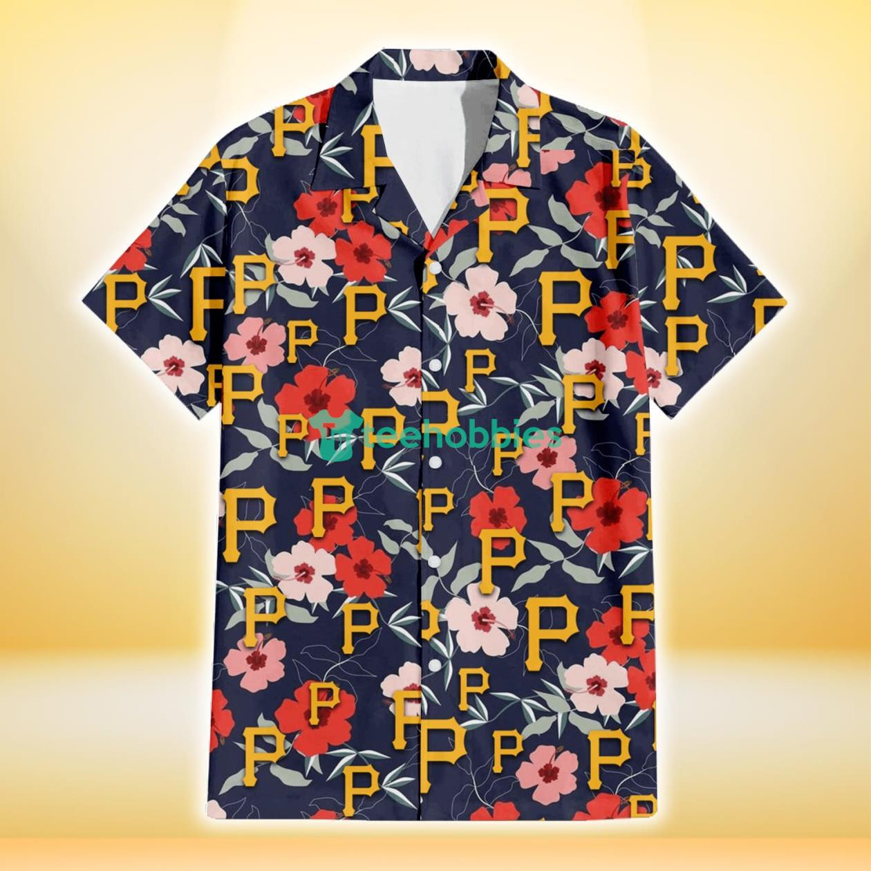 Pittsburgh Pirates Red Pink White Hibiscus Black Background 3D Hawaiian Shirt Gift For Fans Product Photo 2