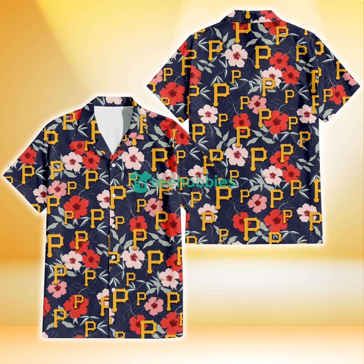 Pittsburgh Pirates Red Pink White Hibiscus Black Background 3D Hawaiian Shirt Gift For Fans Product Photo 1