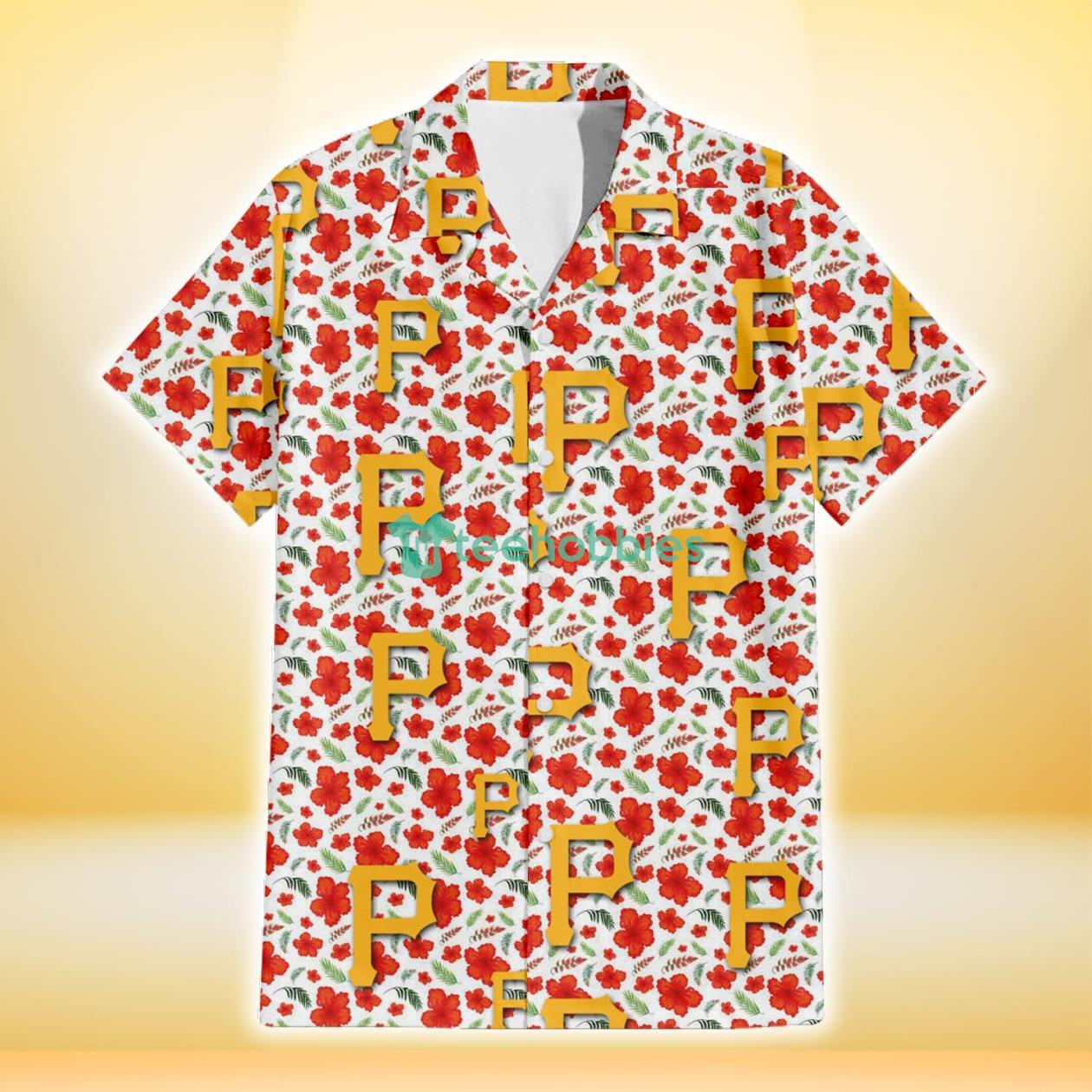 Pittsburgh Pirates Tiny Red Hibiscus Green Leaf White Cube Background 3D Hawaiian Shirt Gift For Fans Product Photo 2