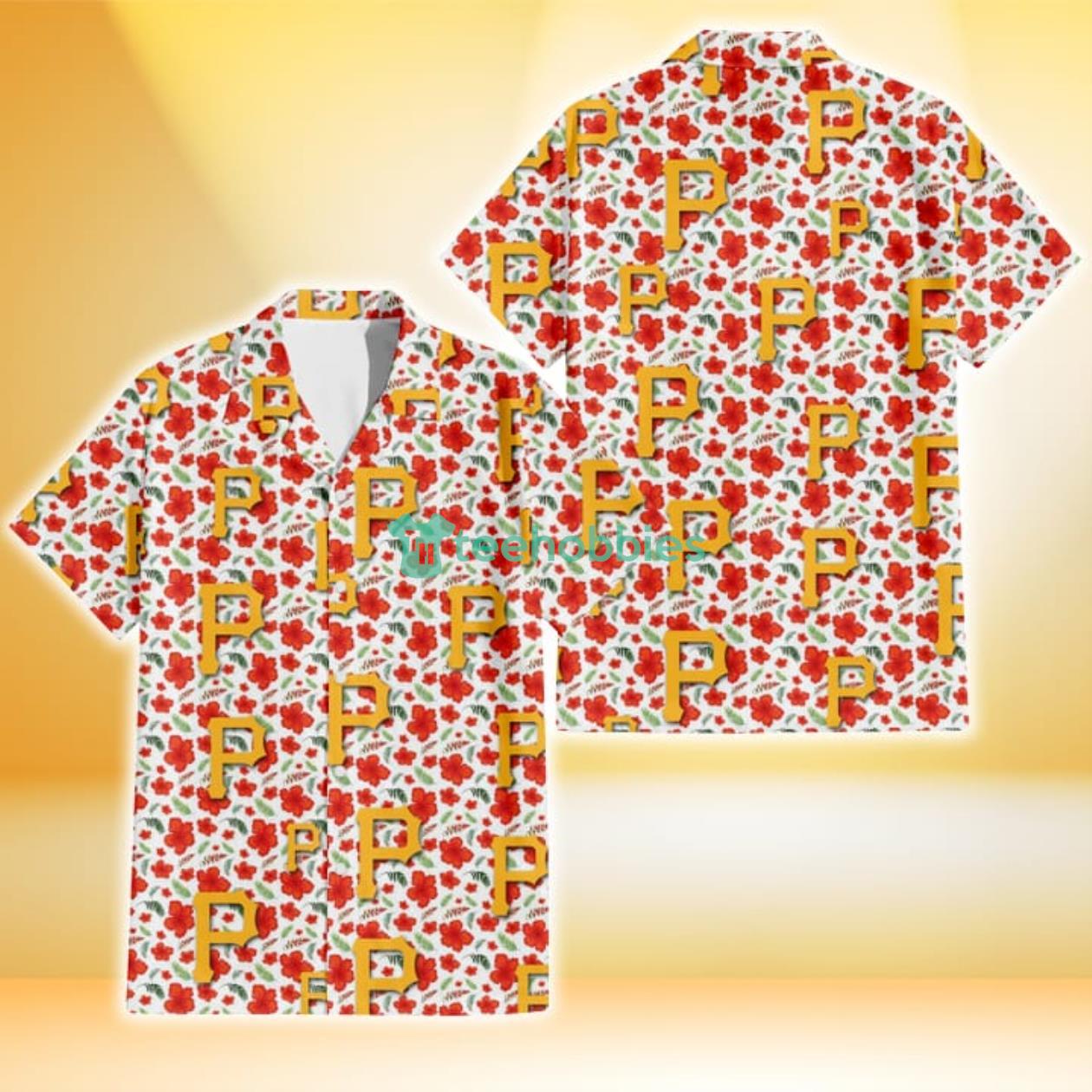 Pittsburgh Pirates Tiny Red Hibiscus Green Leaf White Cube Background 3D Hawaiian Shirt Gift For Fans Product Photo 1