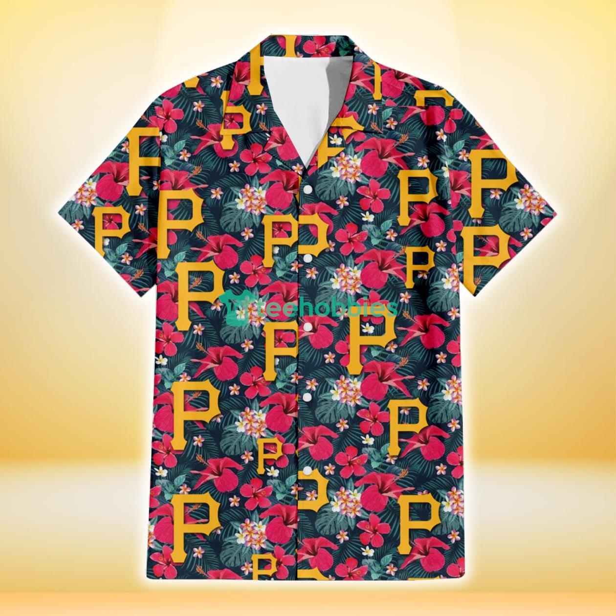 Pittsburgh Pirates Tiny Red Hibiscus White Porcelain Flower Black Background 3D Hawaiian Shirt Gift For Fans Product Photo 2