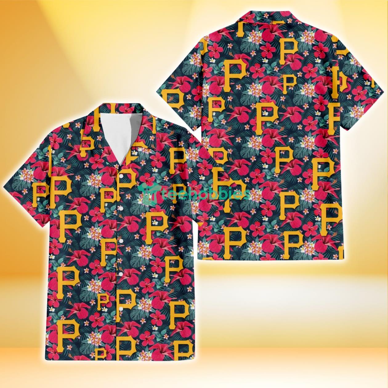Pittsburgh Pirates Tiny Red Hibiscus White Porcelain Flower Black Background 3D Hawaiian Shirt Gift For Fans Product Photo 1