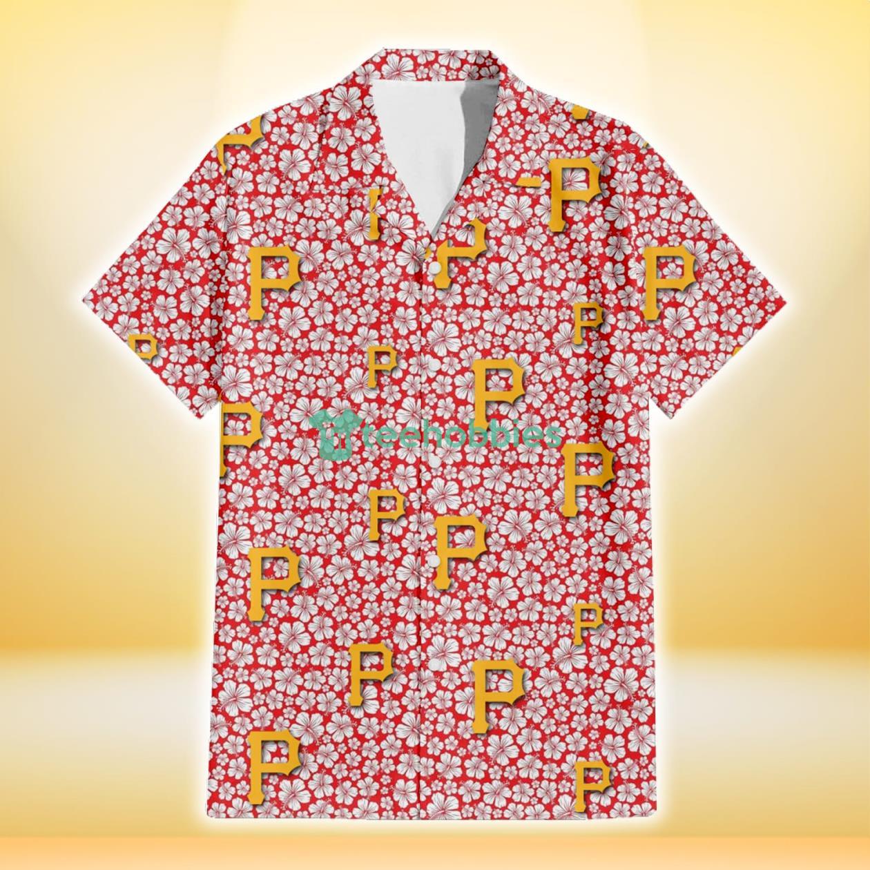 Pittsburgh Pirates Tiny White Hibiscus Pattern Red Background 3D Hawaiian Shirt Gift For Fans Product Photo 2