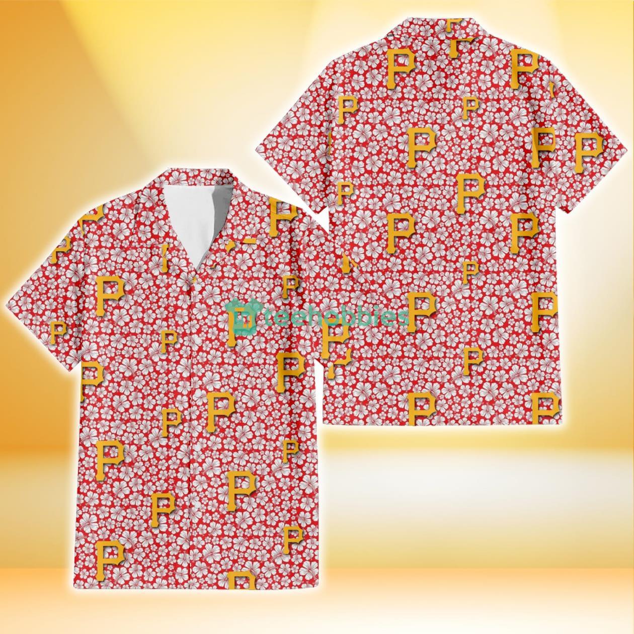 Pittsburgh Pirates Tiny White Hibiscus Pattern Red Background 3D Hawaiian Shirt Gift For Fans Product Photo 1