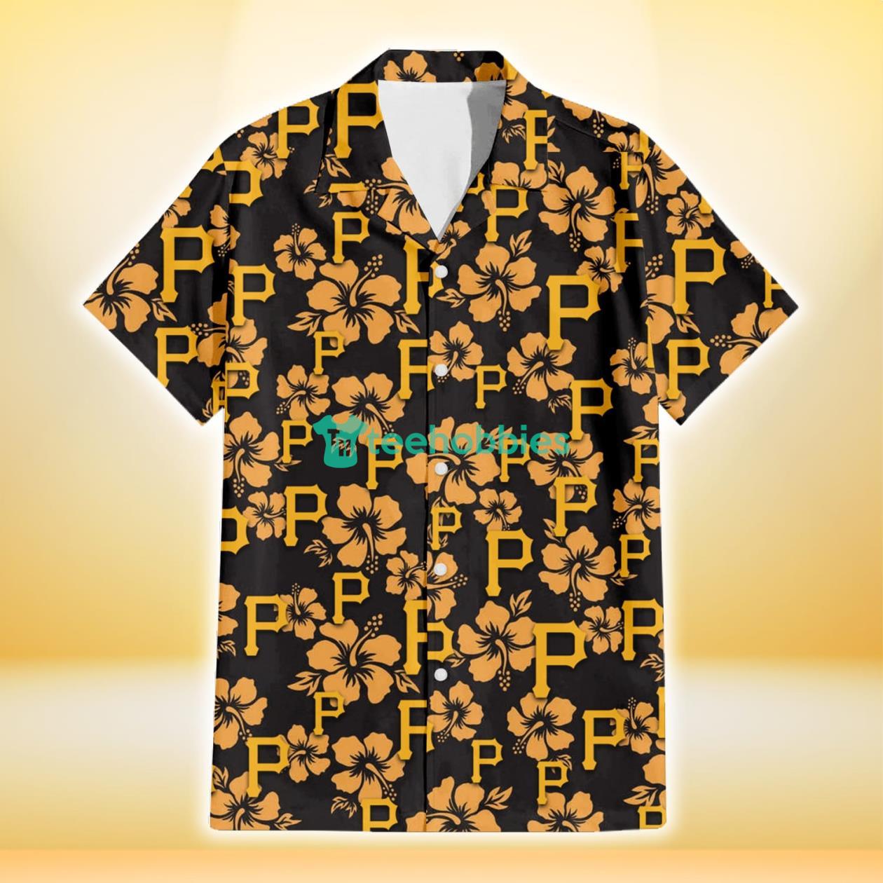 Pittsburgh Pirates Tiny Yellow Hibiscus Black Background 3D Hawaiian Shirt Gift For Fans Product Photo 2