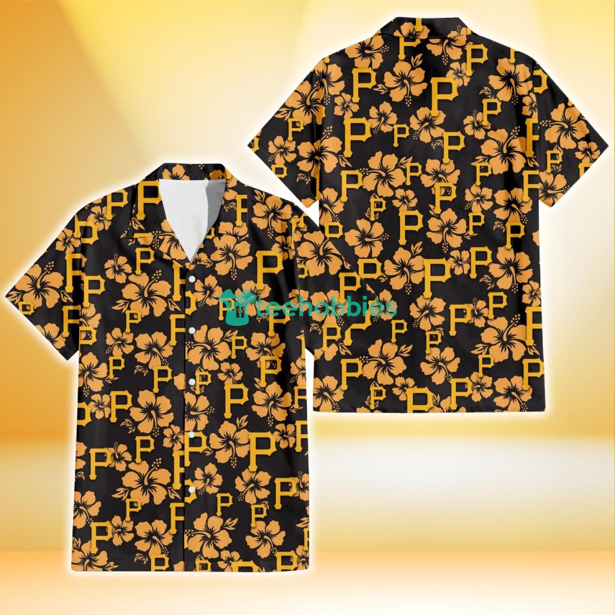 Pittsburgh Pirates Tiny Yellow Hibiscus Black Background 3D Hawaiian Shirt Gift For Fans Product Photo 1