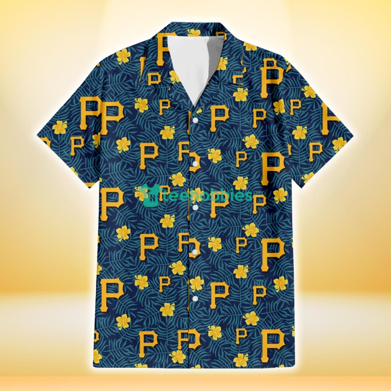 Pittsburgh Pirates Yellow Hibiscus Cadet Blue Leaf Navy Background 3D Hawaiian Shirt Gift For Fans Product Photo 2